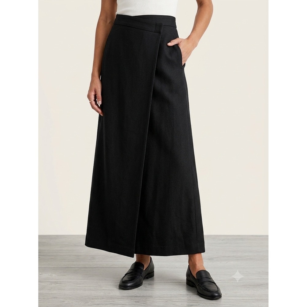 (nude) Italy Maxi Skirt Womens Black Wrap Front Minimalist Chic Long Skirt Slit